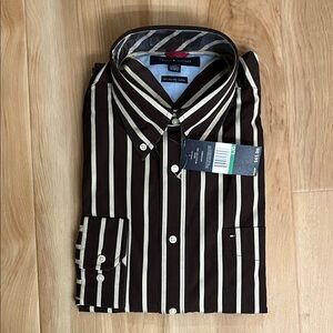 Tommy Hilfiger Men's Brown and Cream Striped Shirt